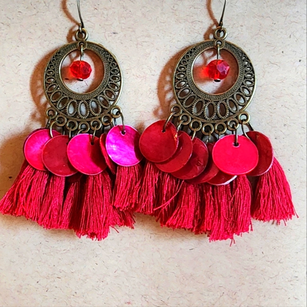 Deep Pink Tasseled Earrings